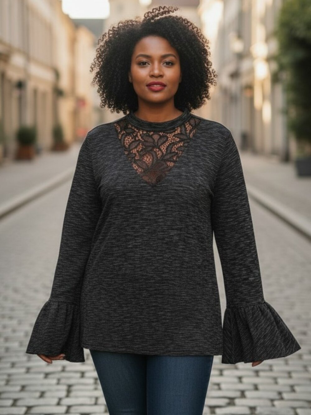 Heathered Black Lace Top 2X Bell Sleeve Knit Tunic Plus Size Feminine Flowy